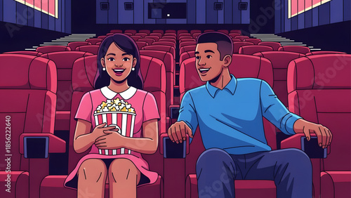 Happy Couple Watching Movie in Cinema Theater with Popcorn Flat Vector Illustration