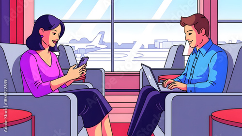 Modern Flat Illustration of Travelers Using Laptop and Smartphone in Airport Departure Lounge