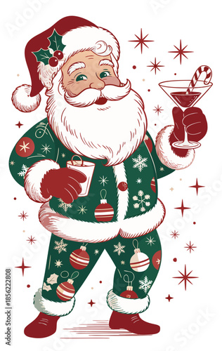 A vintage-style Christmas illustration of Santa
Claus in a festive outfit. Santa wears a green and red two-piece pajama set decorated with holiday patterns