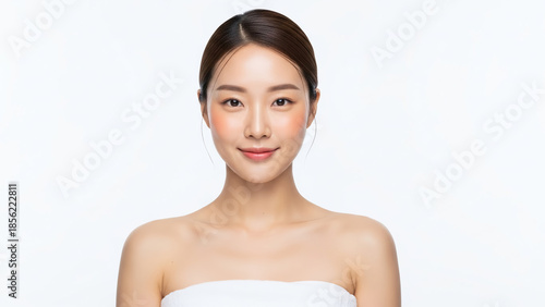 Portrait of a radiant and healthy young East Asian woman showcasing her glowing skin and natural beauty with a gentle smile, symbolizing youthfulness and well-being in a bright studio setting