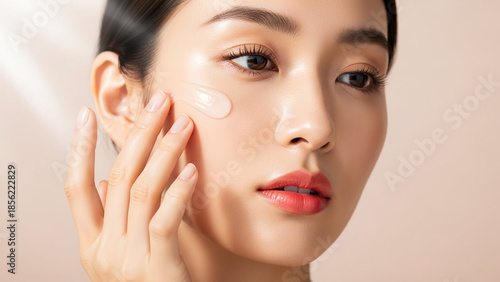 Young Asian woman gently applies a creamy foundation or moisturizer to her radiant skin, highlighting a glowing complexion and a perfect beauty routine for a fresh, healthy look