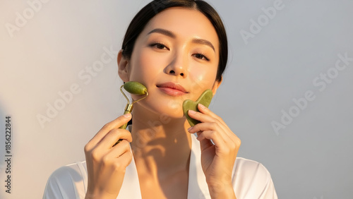 Serene young Asian woman enjoying a relaxing self-care beauty ritual, using a natural jade roller and gua sha tool for a rejuvenating facial massage and enhanced skin wellness