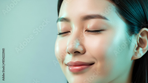 Close-up portrait of a beautiful young East Asian woman with her eyes gently closed, exuding a sense of peaceful serenity and inner calm, showcasing radiant, healthy skin and natural beauty