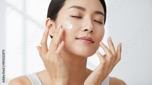 Serene young Asian woman enjoying a moment of self-care, gently applying moisturizing cream to her radiant face for healthy, glowing skin and a refreshed complexion and beauty