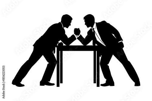 Businessmen Arm Wrestling Silhouette – Business Competition, Power and Leadership Concept.
