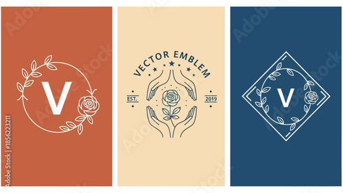 Set of three vintage V logos with floral wreath, crest and diamond insignia on warm colored panels for branding and identity design