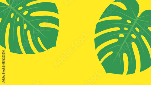 Bright yellow background with green monstera leaves pattern for tropical design, wallpapers, and vibrant interior decor