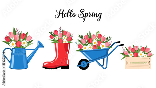 Hello Spring: a cheerful garden scene featuring a blue watering can, red rain boots, a wheelbarrow and a wooden crate full of colorful flowers.
