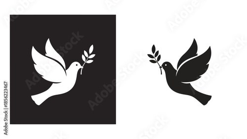 Pair of minimalist peace dove icons with olive branches on contrasting dark and light backgrounds, suitable for branding, logos, and peace symbolism.