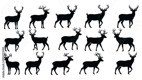 Row of black deer silhouettes forming a seamless repeating pattern for wildlife decor and nature-inspired design.
