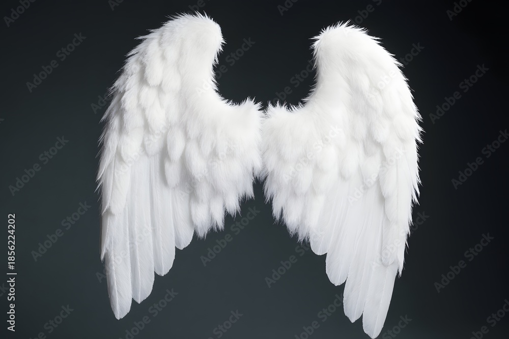 Fototapeta premium Soft pair of wings made of white feathers against a dark background
