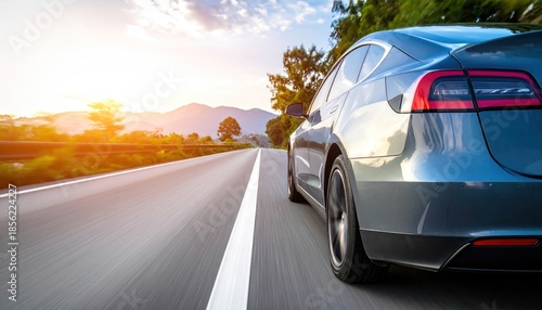 Electric Car Driving on Scenic Highway at Sunset.