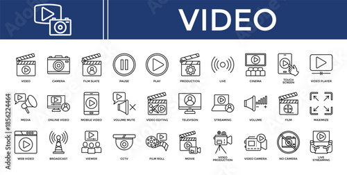 Video icon set collection. Containing scroll, operation, live, monitor, movie, news, performance .Line vector icons collection