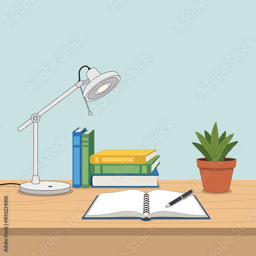 Desk with lamp, books, notebook, pen and plant - illustration