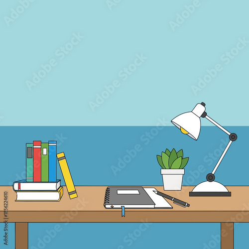 Desk with books, notebook, lamp and plant in flat design style