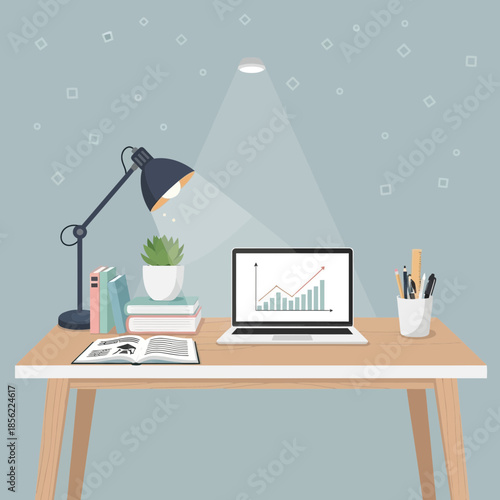 Desk with laptop showing growth chart, books, plant, and desk lamp
