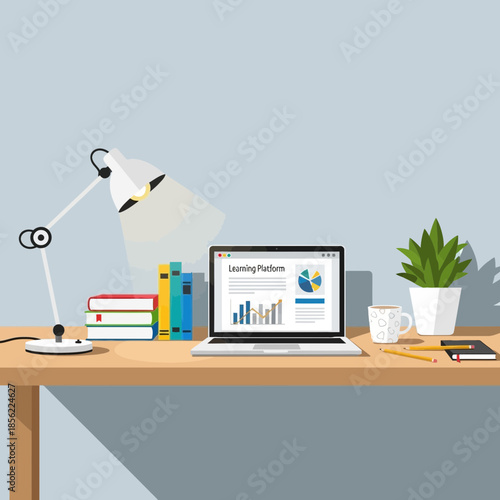 Flat design modern desk with laptop, books, lamp, plant and coffee mug
