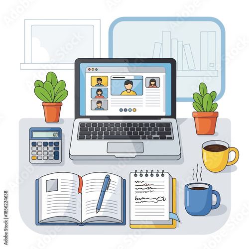 Home office setup with laptop video call, plants, coffee, notebook, and calculator