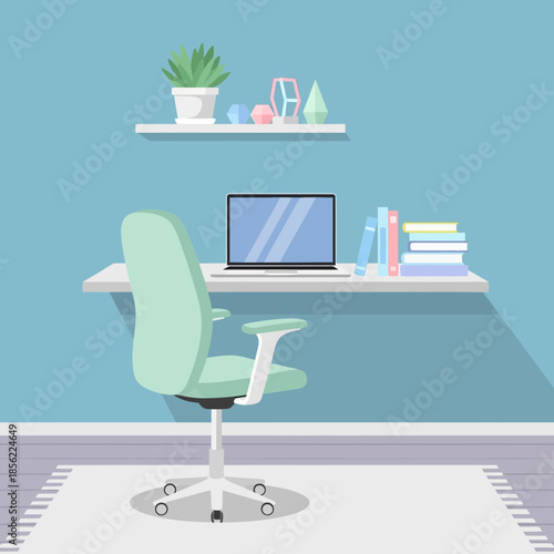 Minimalist Home Office Desk with Laptop, Chair, Books, and Plant - Flat Design