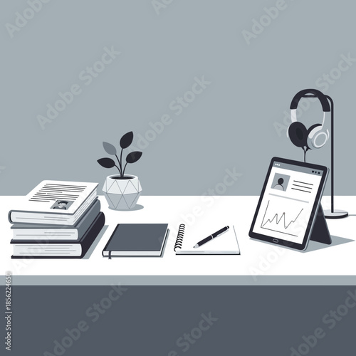 Minimalist Desk Setup: Books, Tablet, Headphones, Plant, Notebook