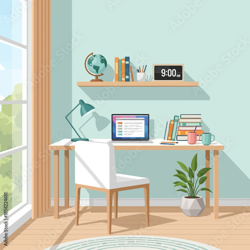 Modern Home Office Desk with Laptop, Books, Lamp, Globe, and Plant - Daylight View