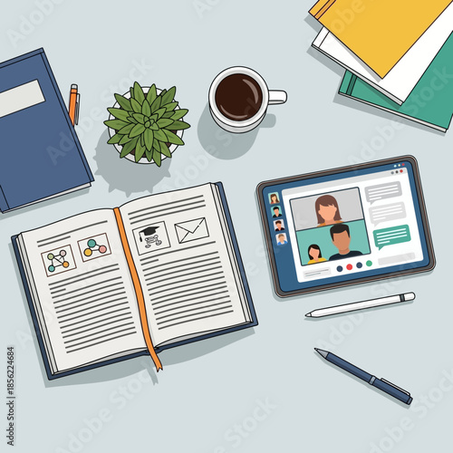 Online learning setup with open book, tablet video call, coffee and plant