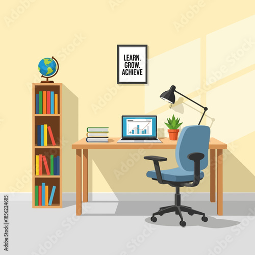 Modern Home Office Setup with Laptop, Bookshelf and Inspirational Art