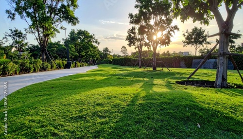 Lush Green Park with Sun Rays Shining Through Trees.