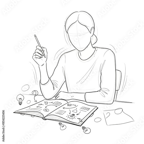 Woman brainstorming ideas with a notebook and lightbulbs, creative process concept