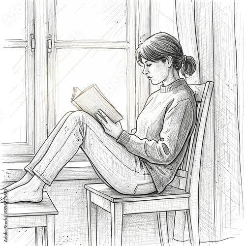 Woman reading a book by the window, pencil sketch illustration, cozy home scene