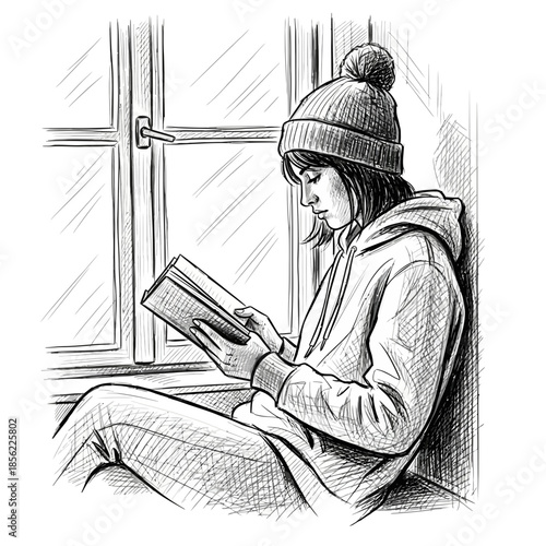 Young Woman Reading Book by Window, Cozy Winter Leisure