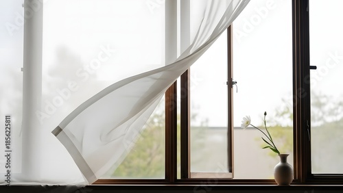 Self Care at Home: Open Window With Sheer Curtain and Flower Vase