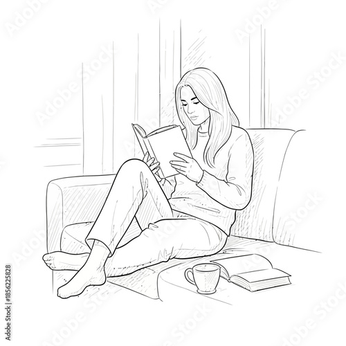 Young Woman Reading Book on Sofa, Cozy Home Lifestyle, Sketch Style