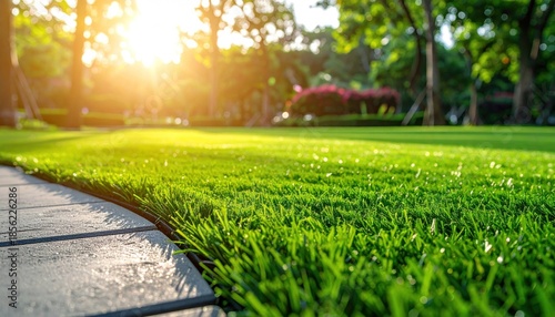 Green park lawn with sun flair.