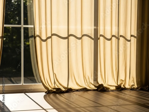 Sunlit window with drawn yellow curtains and shadows on wooden floor