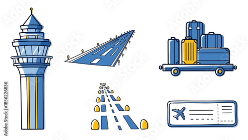 Airport travel essentials set with control tower luggage and boarding pass.