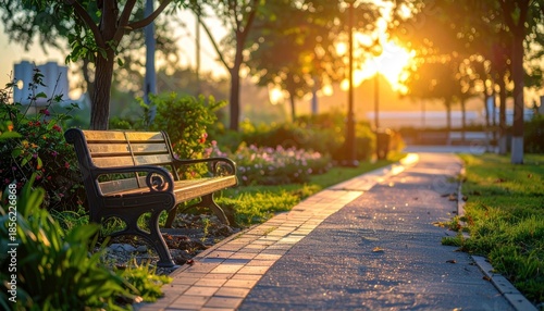 Serene Park Bench Bathed in Golden Morning Sunlight.