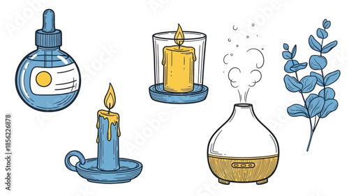 Aromatherapy and relaxation essentials - essential oil bottle, candles, diffuser, and eucalyptus branch.