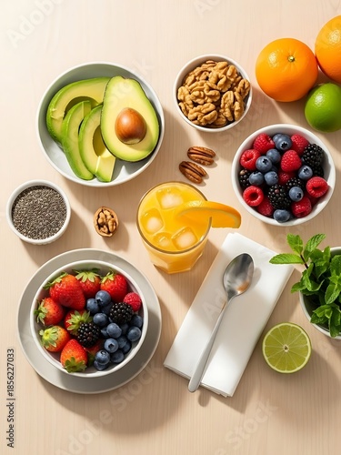 Vibrant fruit display featuring avocado berries and a refreshing citrus drink