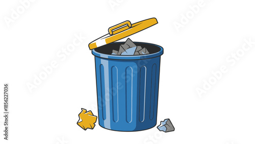 Blue Trash Can with Yellow Lid and Crumpled Paper.