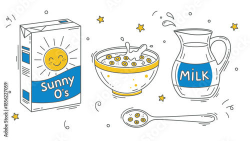 Breakfast cereal box, bowl of cereal, milk pitcher, and spoon with cereal.