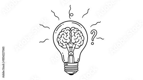 Brain in Light Bulb with Question Mark Doodle.