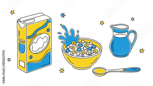 Breakfast Cereal with Milk and Spoon Doodle Illustration.