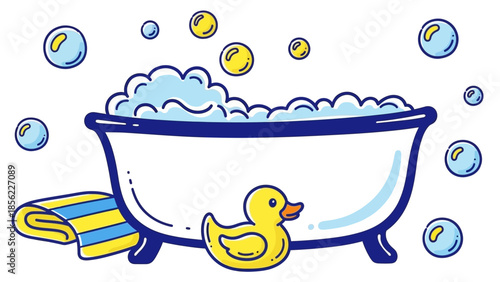 Bubble Bath Fun with Rubber Duck and Towel.