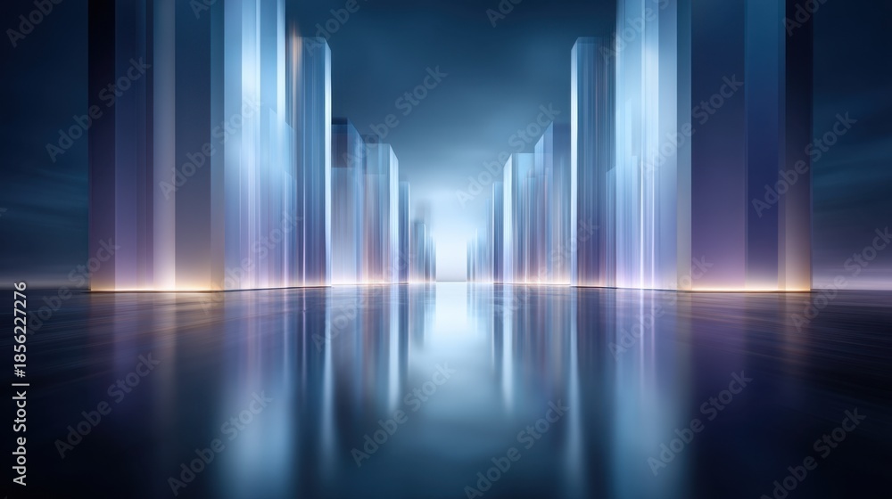Fototapeta premium Futuristic Cityscape with Glowing Towers and Reflections in a Mystical Atmosphere