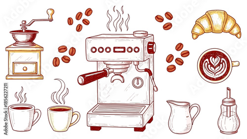 Coffee preparation set with espresso machine, grinder, and cups.