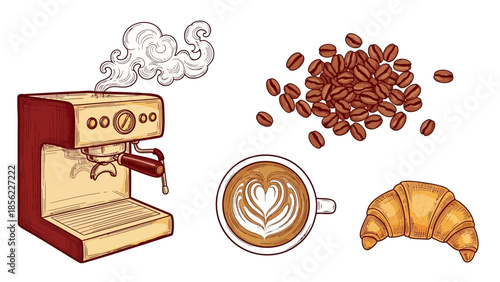 Coffee Maker, Coffee Beans, Latte, and Croissant Breakfast Set.