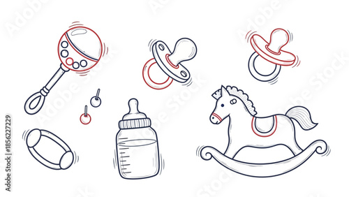 Collection of Baby Items and Toys Hand Drawn Sketch Style.