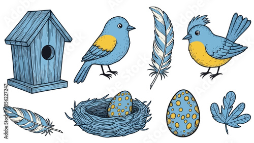 Collection of blue birds, birdhouse, nest with egg, and feathers.