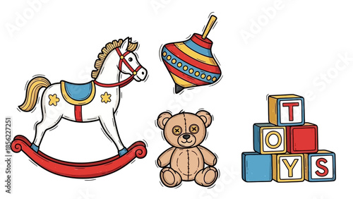 Collection of classic childrens toys including a rocking horse, spinning top, teddy bear, and alphabet blocks.